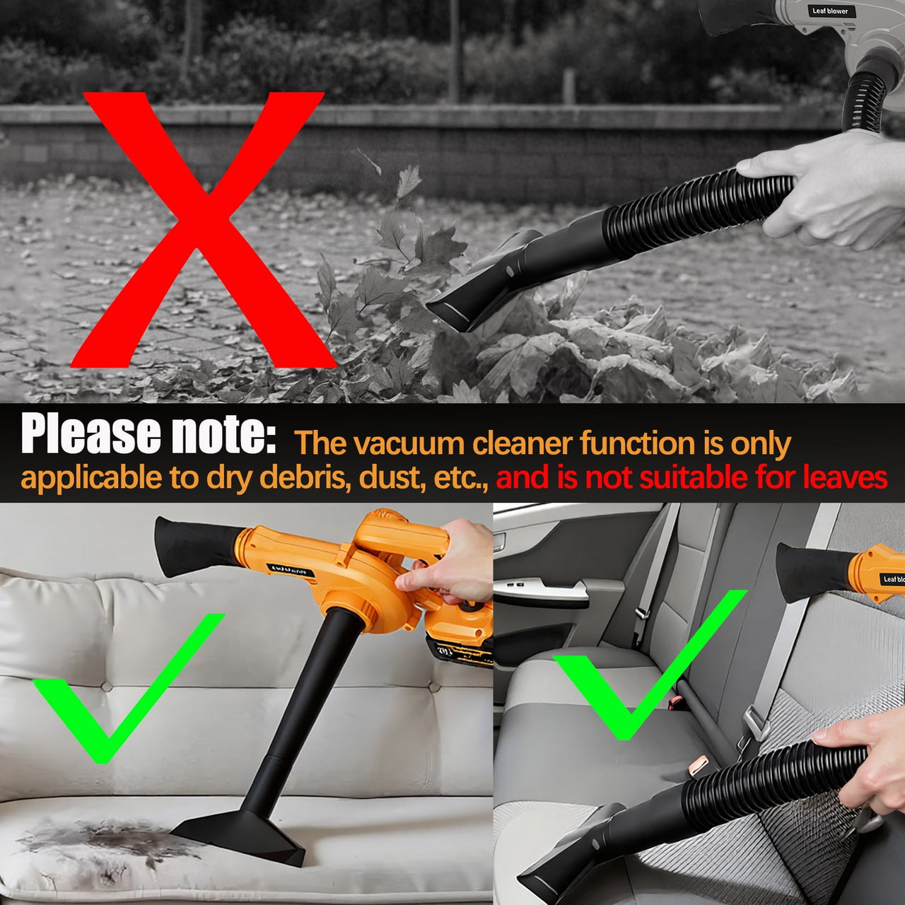 3-in-1 Cordless Leaf Blower & Vacuum with Bag Brushless Battery Powered Leaf Vacuum Mulcher with 1x2.0Ah Battery and Charger Leaf Blowers for DIY Vacuuming, Home / Vehicle Cleaning