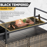 Gymojoy Outdoor Dining Cart Table, Patio Grill Cart with Tempered Glass Top,Wicker Storage Cabinet, Lockable Wheels and Side Basket for Garden, Poolside & Backyard, Gray