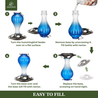 Kingsyard 2 Pack Glass Hummingbird Feeder with Ant Moat for Outdoors, 24 oz, 6 Feeding Ports, Blue