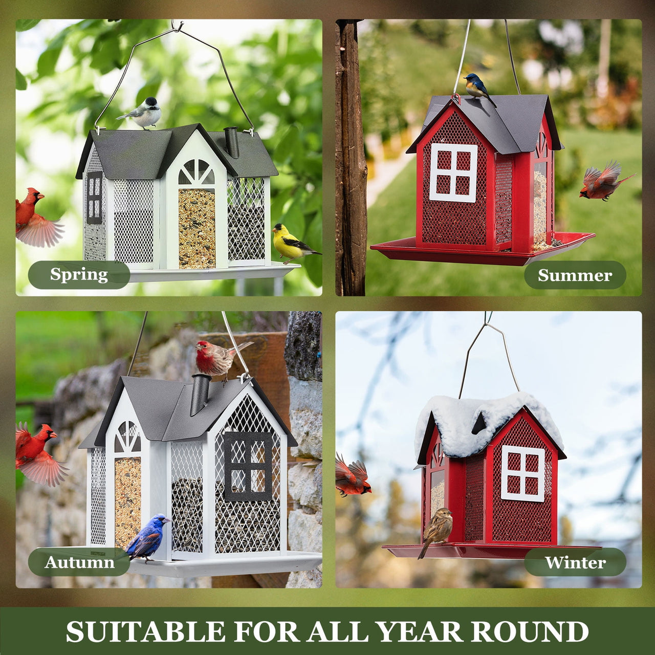 Kingsyard Weatherproof Metal Bird Feeder House, Triple Feeders for Outside Finch Cardinal, White