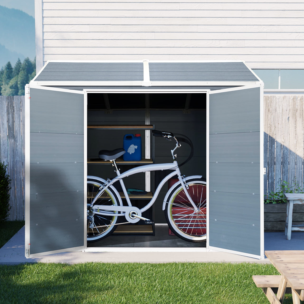 6x8 FT Outdoor Storage Shed with Double Windows And Floor, Lockable Tool Storage Sheds With Sloped Roof, Utility Tool Shed Storage House For Backyard Patio Lawn Garden
