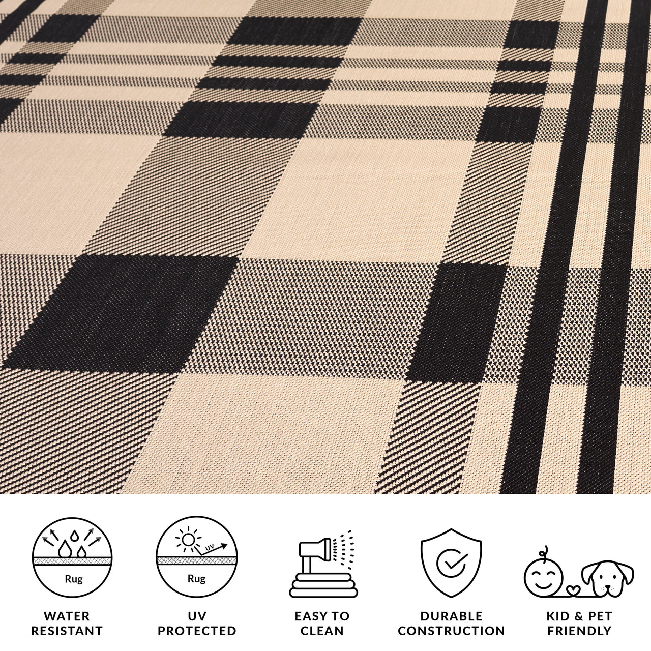 SAFAVIEH Courtyard Benjamin Plaid Indoor/Outdoor Area Rug, Black/Bone, 8' x 11'