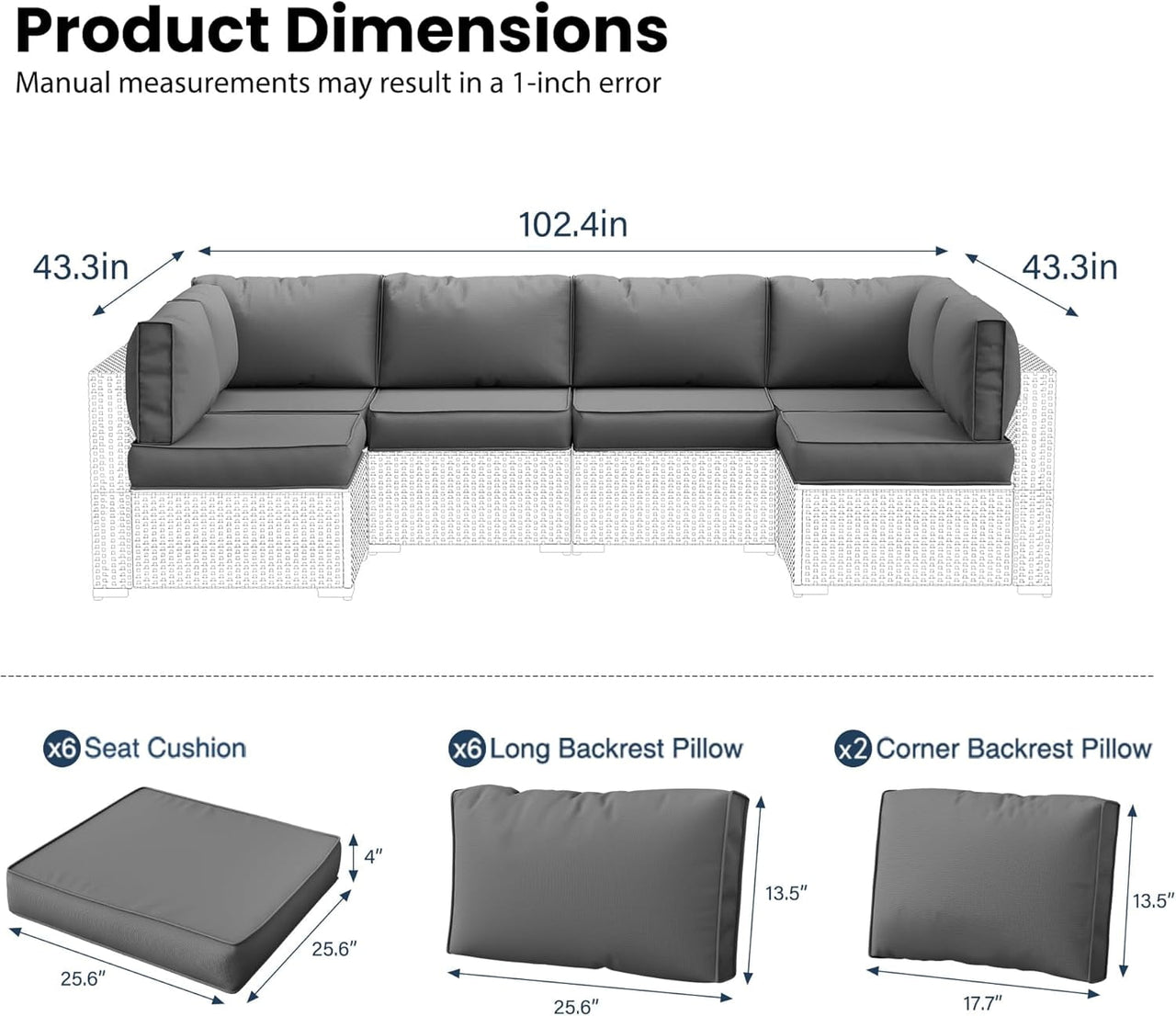 UDPATIO Outdoor Replacement Cushions for Patio Furniture, Waterproof Patio Cushions for 6-Seat Sectional Patio Conversation Sets, 14-Piece Outdoor Cushion Slipcovers Patio Sofa Cushions (Dark Blue)
