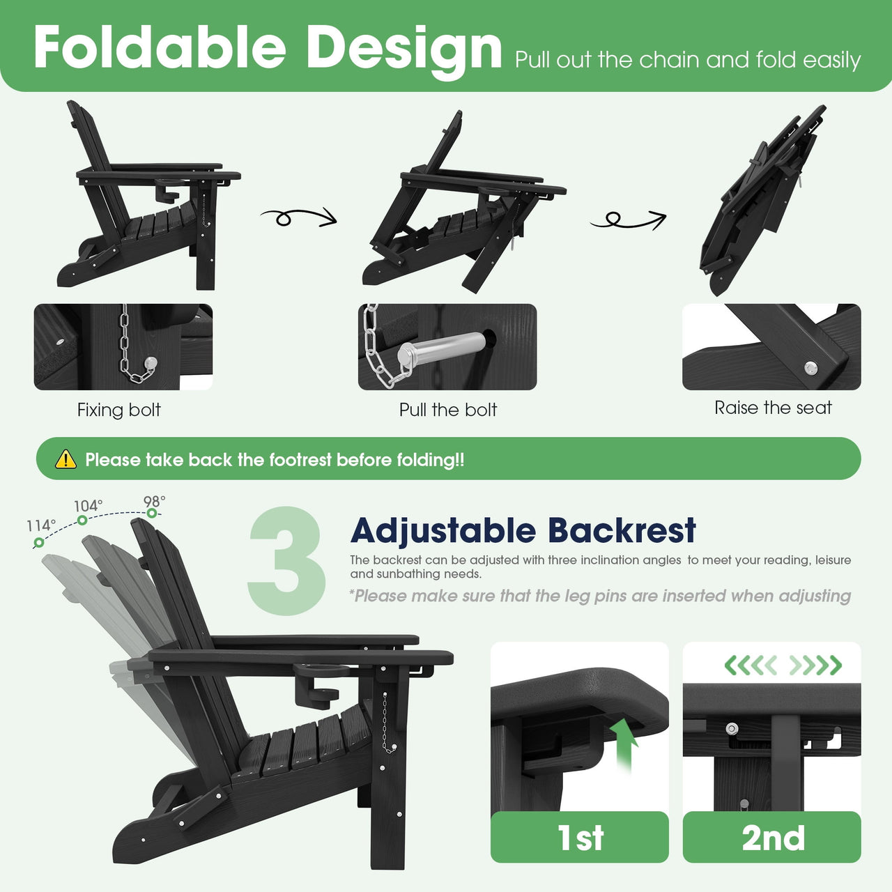 SERWALL Adjustable Folding Adirondack Chair with Footrest & Dual Cup Holders Set of 2, HDPE Foldable Multifunctional Adirondack Chair with Ottoman for Patio, Outdoor, Garden, Black