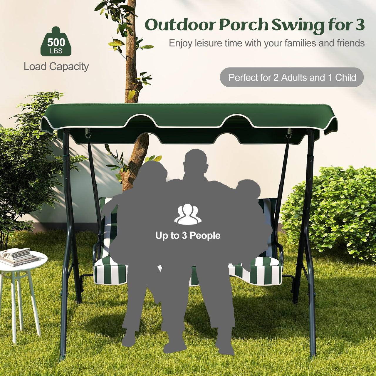 Costway 3 Seats Patio Backyard Canopy Steel Frame Swing Glider Hammock Cushioned