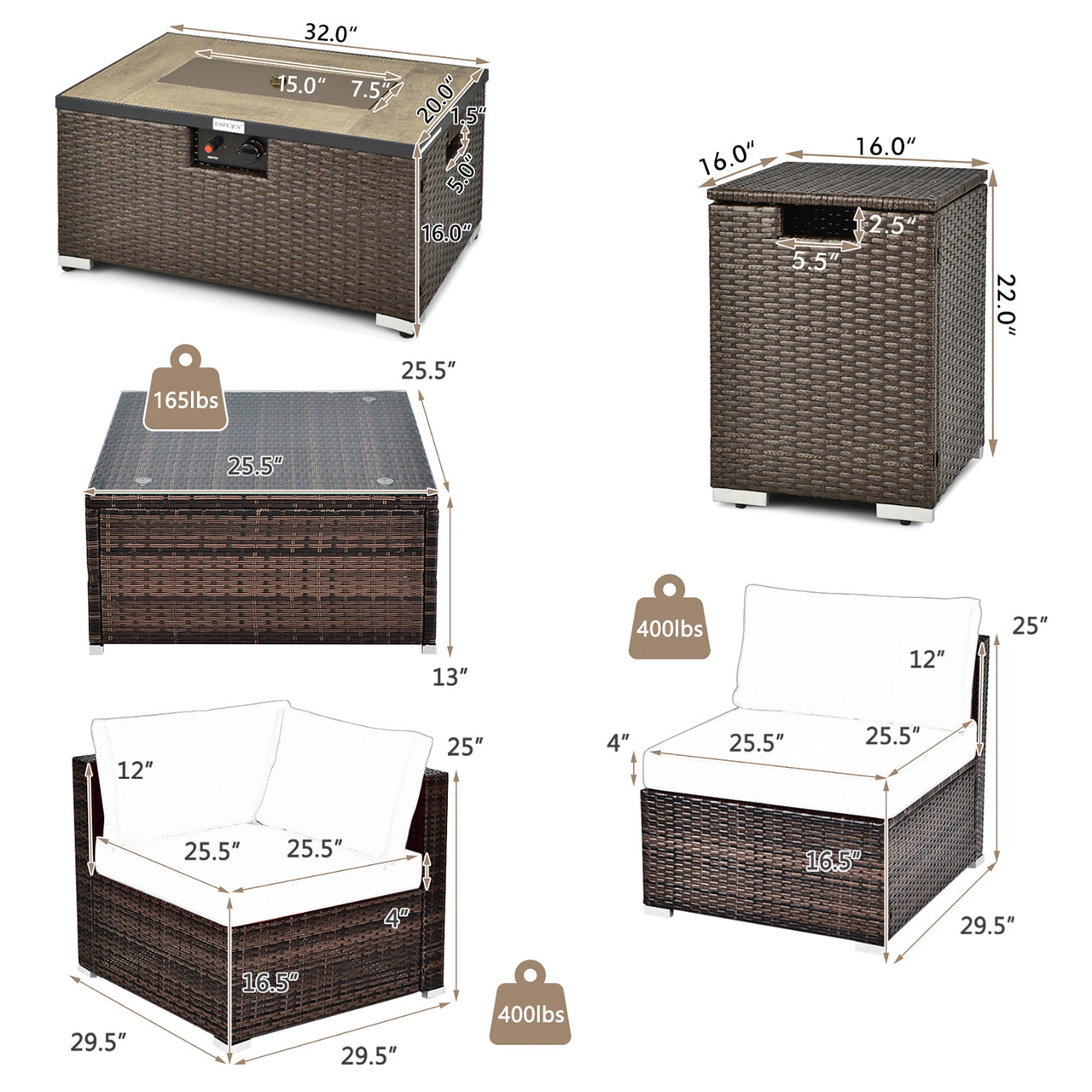 Costway 8PCS Patio Rattan Furniture Set Fire Pit Table Tank Holder Cover Deck Navy