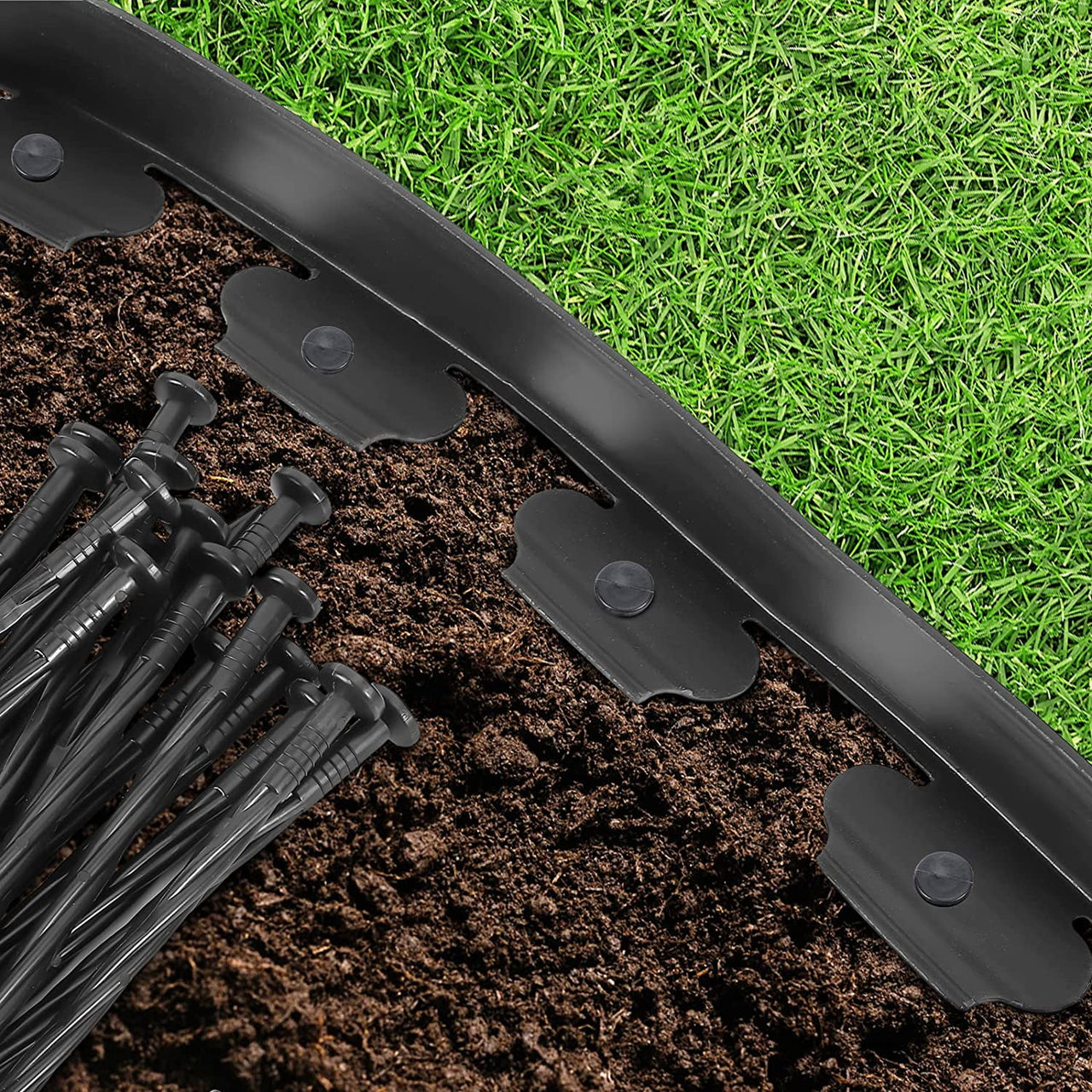 No Dig Durable Garden Landscape Edging Kit, Black Plastic Lawn Border with 24pcs Anchoring Spikes for Landscaping, Flower Gardens, Lawn (20FT+ 24pcs Anchoring Spikes)