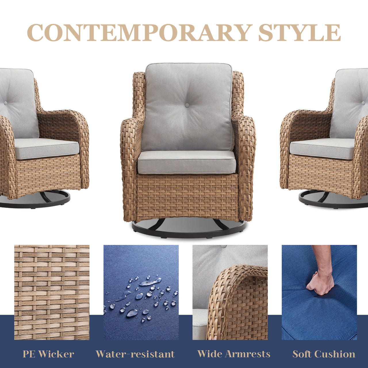 Gymojoy 2 Pieces Outdoor Patio Wicker Swivel Glider Rocker Chair with High Back Deep Seat, Beige