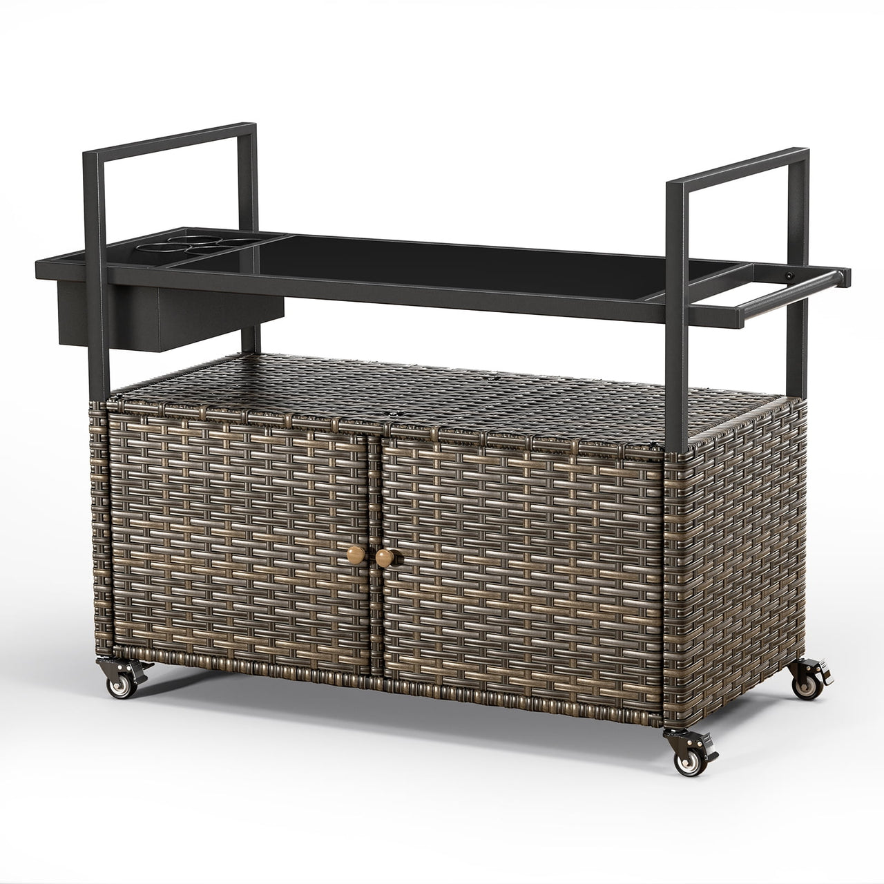 Gymojoy Outdoor Dining Cart Table, Patio Grill Cart with Tempered Glass Top,Wicker Storage Cabinet, Lockable Wheels and Side Basket for Garden, Poolside & Backyard, Gray