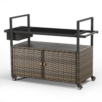 Gymojoy Outdoor Dining Cart Table, Patio Grill Cart with Tempered Glass Top,Wicker Storage Cabinet, Lockable Wheels and Side Basket for Garden, Poolside & Backyard, Gray