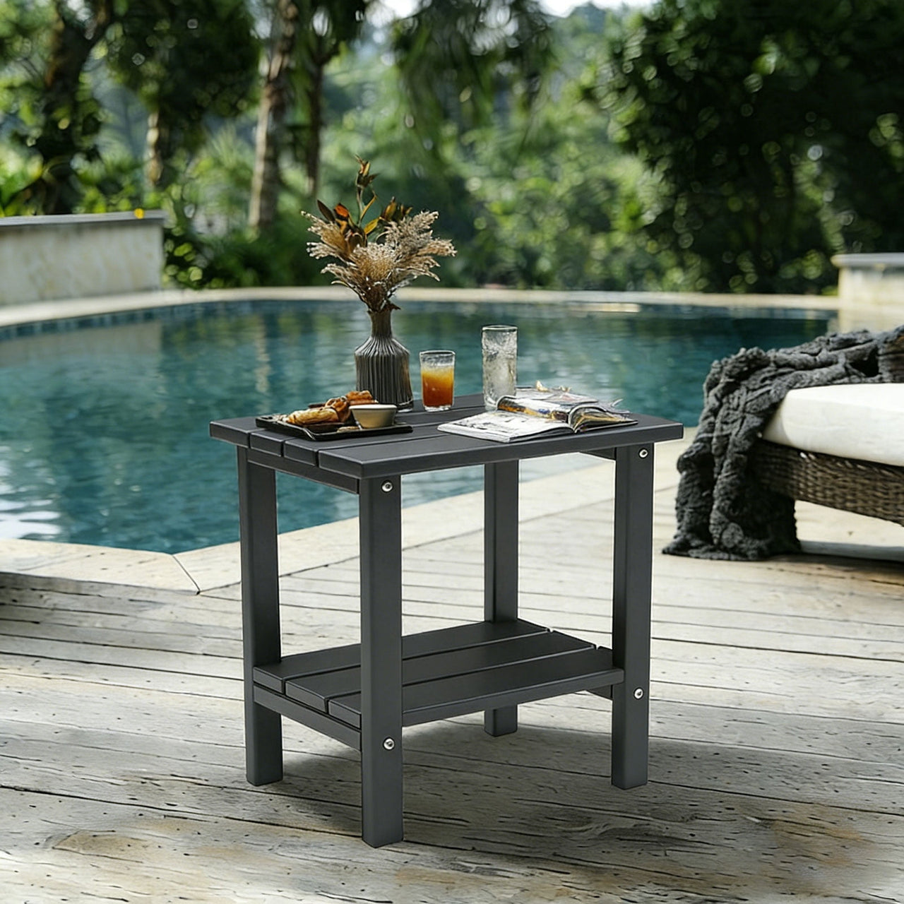 OTSUN Adirondack Outdoor Side Table, 16" HDPE Patio Side Table with Shelf, Weather Resistant Easy Maintenance for Backyard Pool Porch Garden & Lawn
