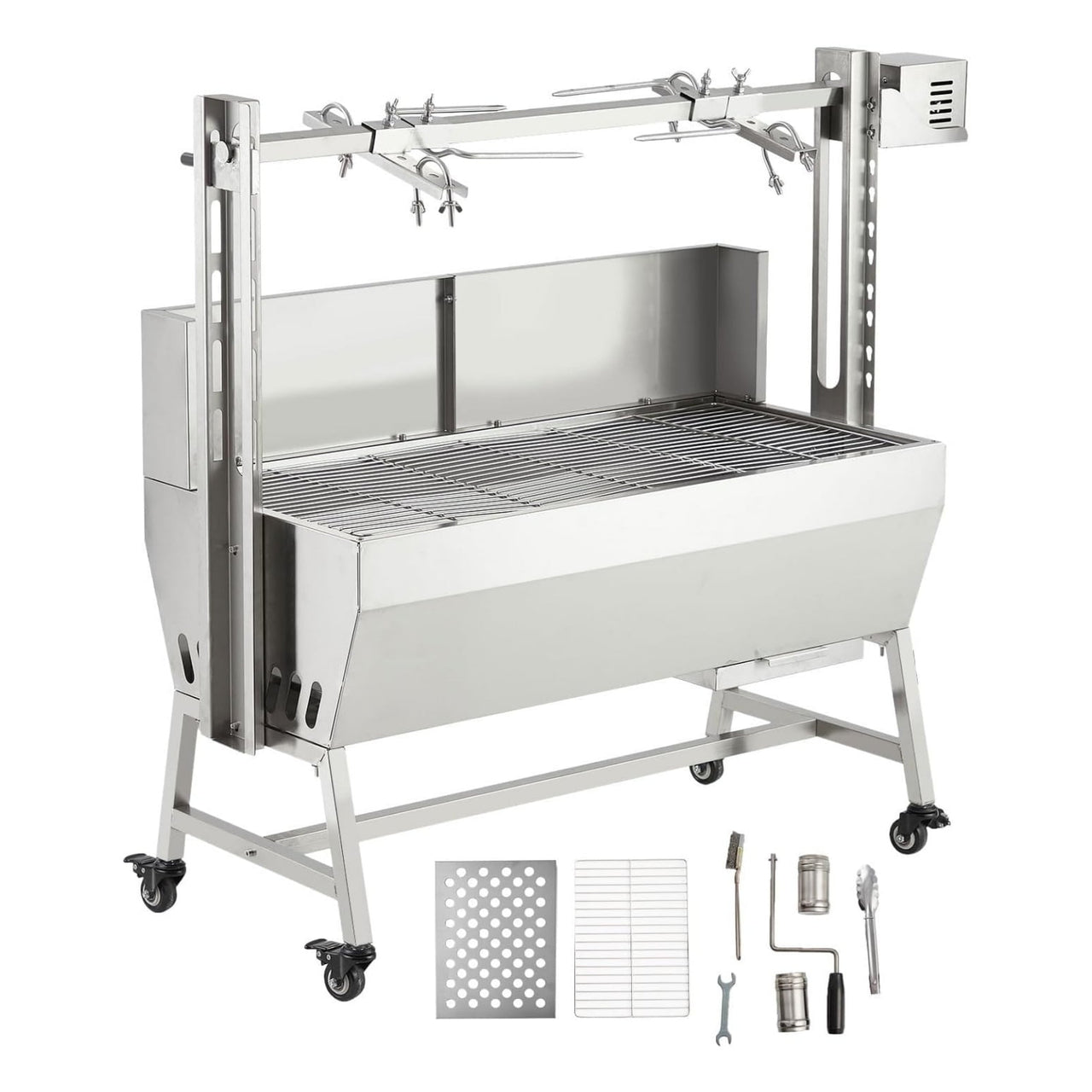 Outdoor Rotisserie Grill with Wind Screen, 132~200LB Capacity Electric Bbq Pig Lamb Stainless Steel Rotisserie Roaster with 25/50W Motor, Charcoal Spit Roaster Grill