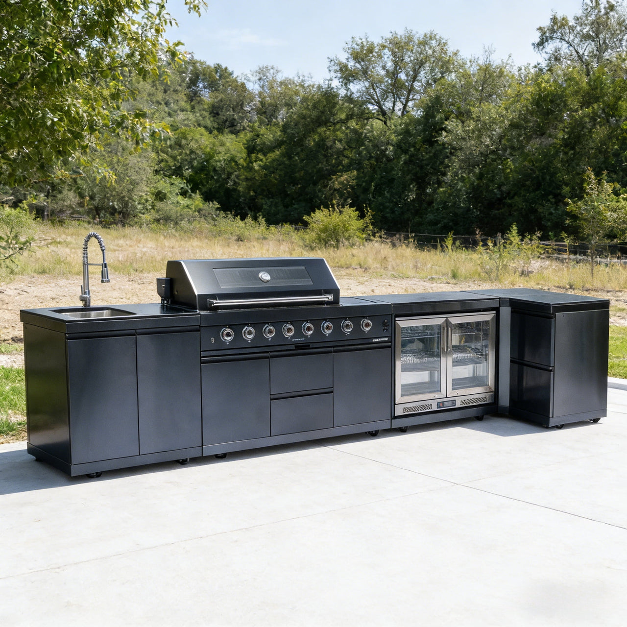 62-Inch 6-Burner 96000 BTU Black Stainless Steel Gas Outdoor Kitchen Bar Barbecue Island Grill + Refrigerator + Rotisserie + Granite Countertops