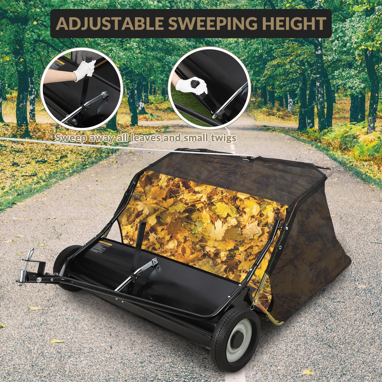 TEQIN 48" 50"Tow Behind Lawn Sweeper, Large Leaf Grass Sweeper Collector Pull Behind with Adjustable Brush Height and Dump Pull Behind Yard Sweeper for Picking Up Debris