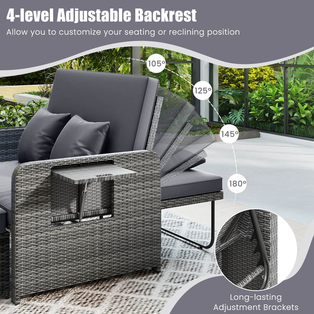 Costway Wicker Outdoor Patio Dining Set with Ottoman and Retractable Side Tray, Gray