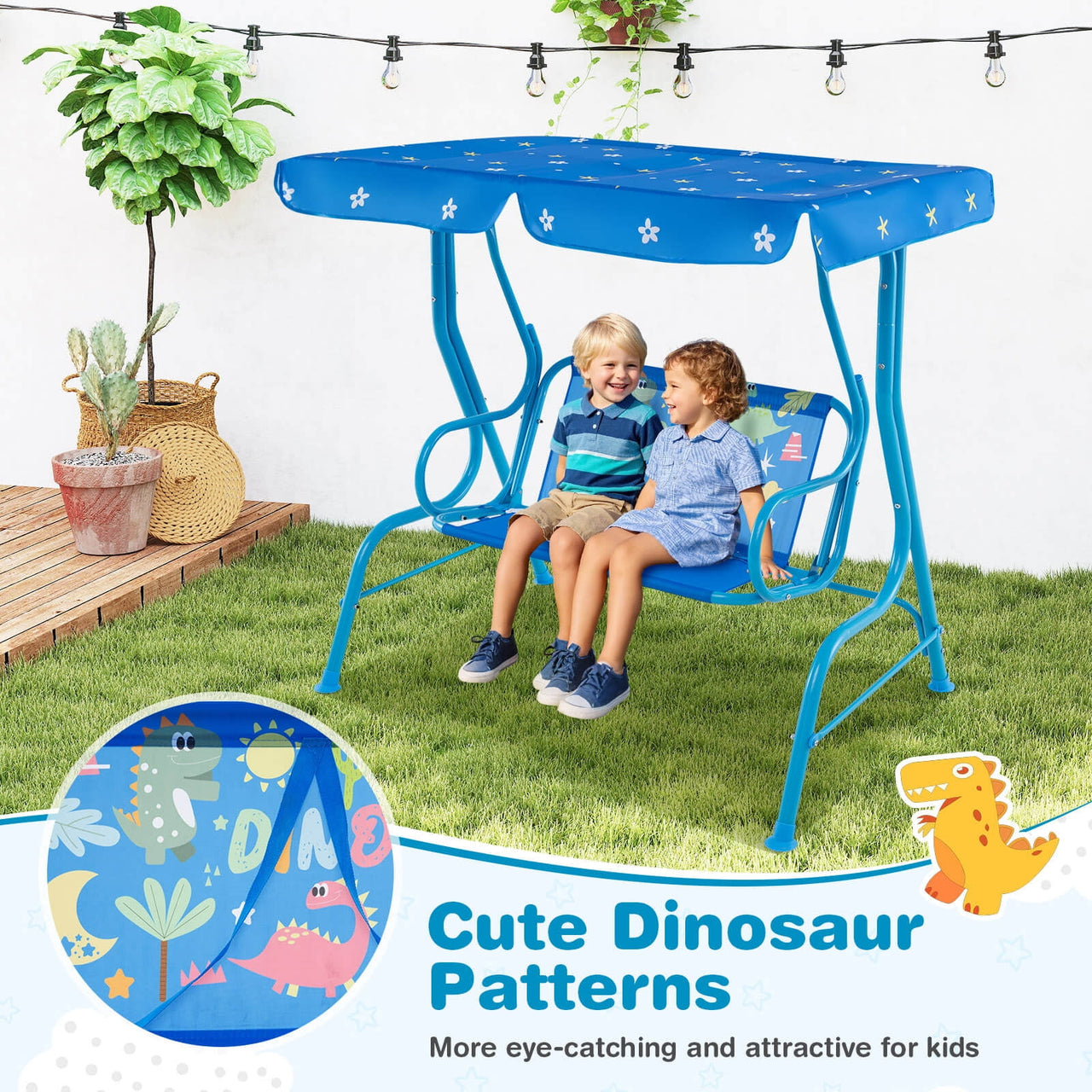 Costway 2-Seater Toddler Porch Swing Chair with Metal Stand Adjustable Canopy Safety Belts Blue