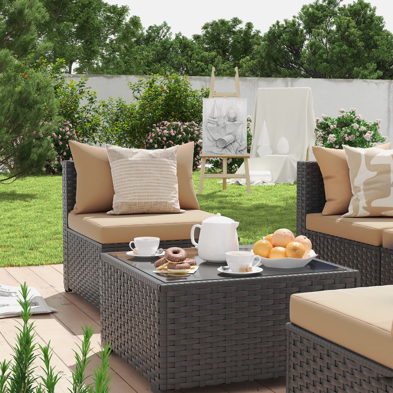 MRUAKA 5 Pieces Patio Conversation Set, Outdoor Sectional PE Rattan Wicker Furniture Seat,Khaki