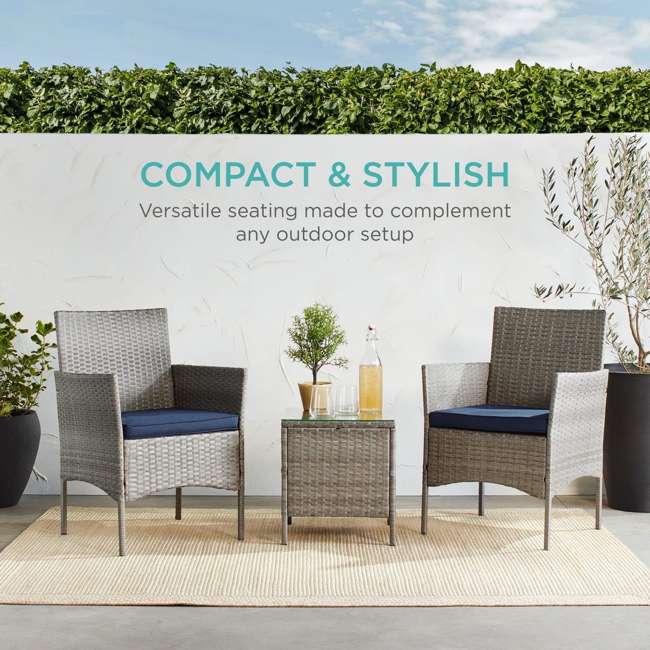 Best Choice Products 3-Piece Outdoor Wicker Conversation Patio Bistro Set, w/ 2 Chairs, Table - Gray/Navy