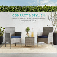 Best Choice Products 3-Piece Outdoor Wicker Conversation Patio Bistro Set, w/ 2 Chairs, Table - Gray/Navy