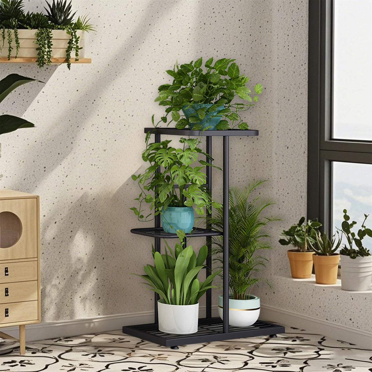 HengDidi 3-Tier Iron Plant Stand with Trays - Decorative Indoor/Outdoor Flower Display Rack for Succulents, Herbs & Home Decor, Sturdy Multi-Layer Space-Saving Design