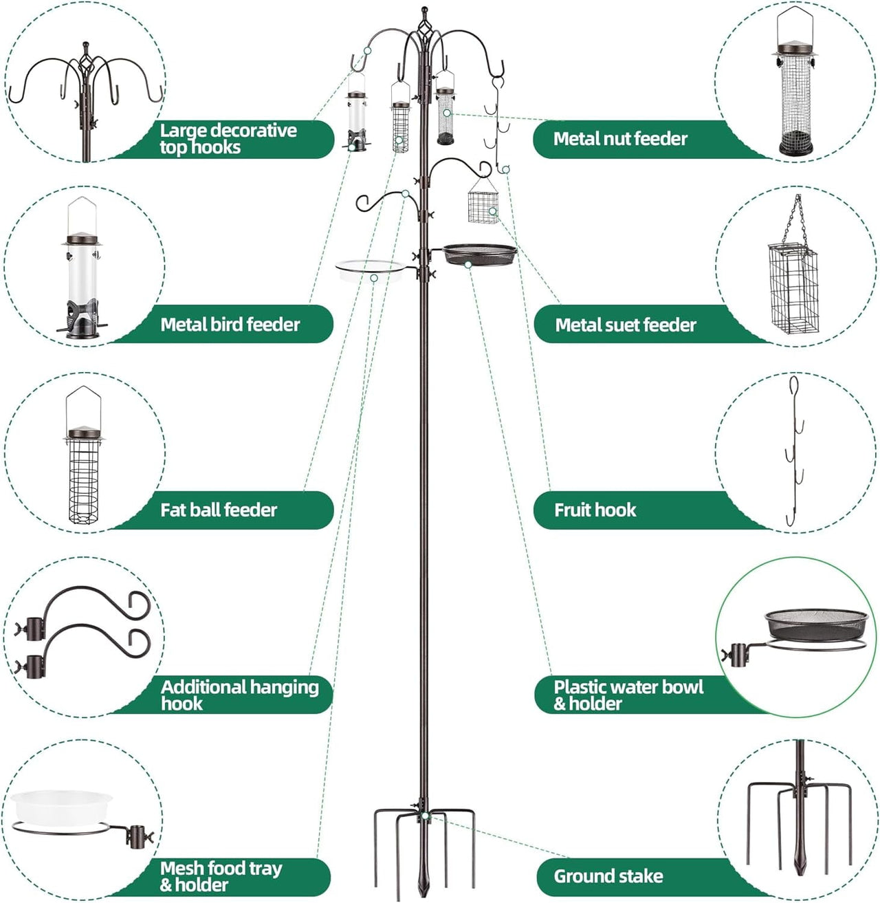 Urban Deco Bird Feeding Station,A Set with 6 Bird Feeders Hanging,Bird Feeder Poles Kit Premium Bird Bath for Attracting Wild Birds,Black