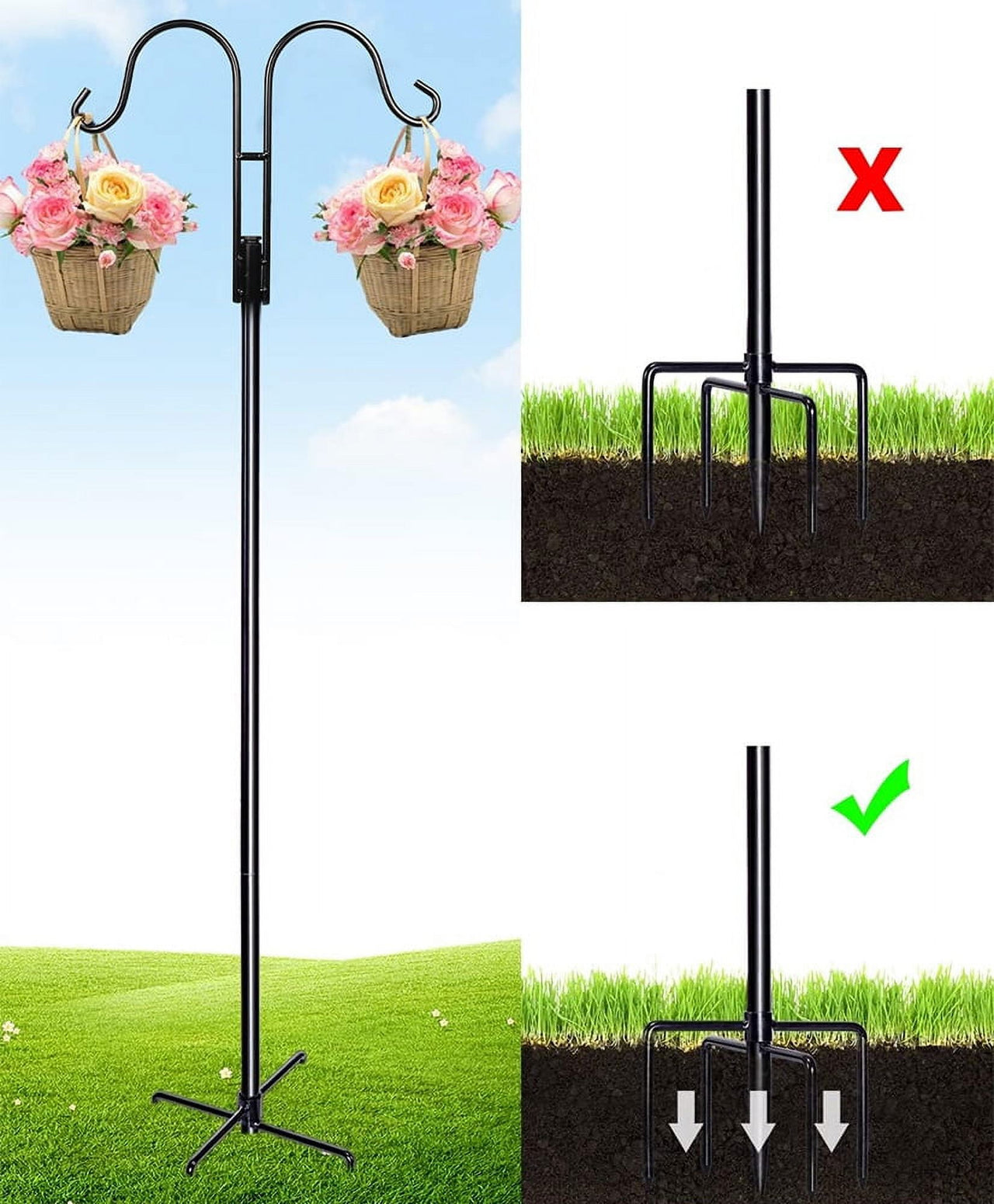 92 Inch Double Shepherds Hooks for Outdoor, Heavy Duty Bird Feeder Pole with 5 Base Prongs, Adjustable Garden Hanging Holder for Bird Feeders, Lanterns, Plant Hanger Stands, Weddings Decor