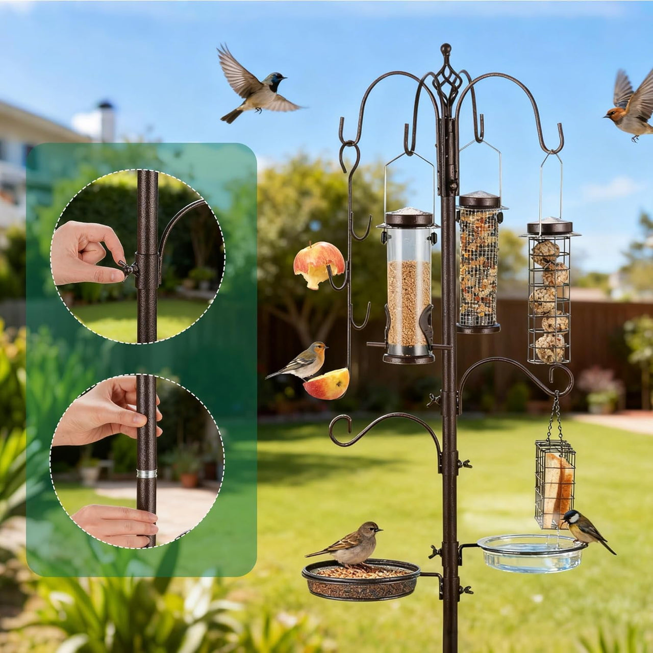 Urban Deco Bird Feeding Station,A Set with 6 Bird Feeders Hanging,Bird Feeder Poles Kit Premium Bird Bath for Attracting Wild Birds,Black