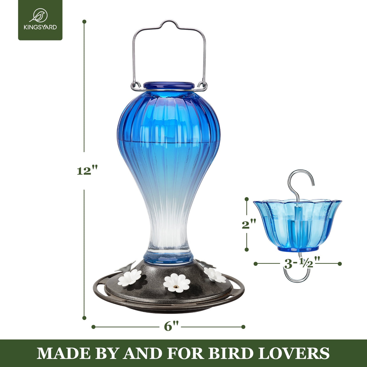 Kingsyard 2 Pack Glass Hummingbird Feeder with Ant Moat for Outdoors, 24 oz, 6 Feeding Ports, Blue
