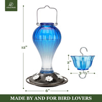 Kingsyard 2 Pack Glass Hummingbird Feeder with Ant Moat for Outdoors, 24 oz, 6 Feeding Ports, Blue