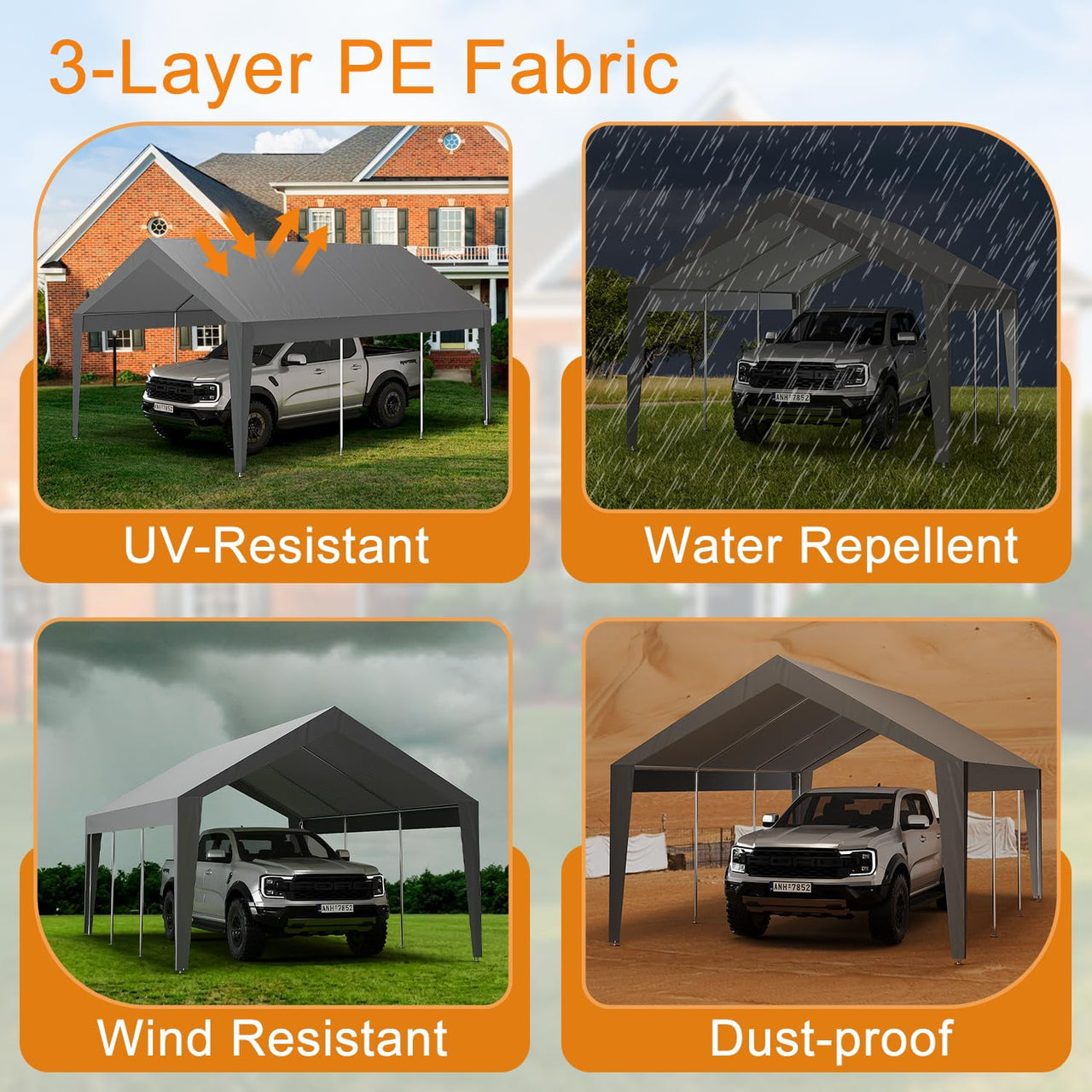 10x20 ft Heavy Duty Carport, Car Canopy Garage Boat Shelter Party Tent, UV Resistant Waterproof All-Season Tarp for SUV, Car, Truck, Boat