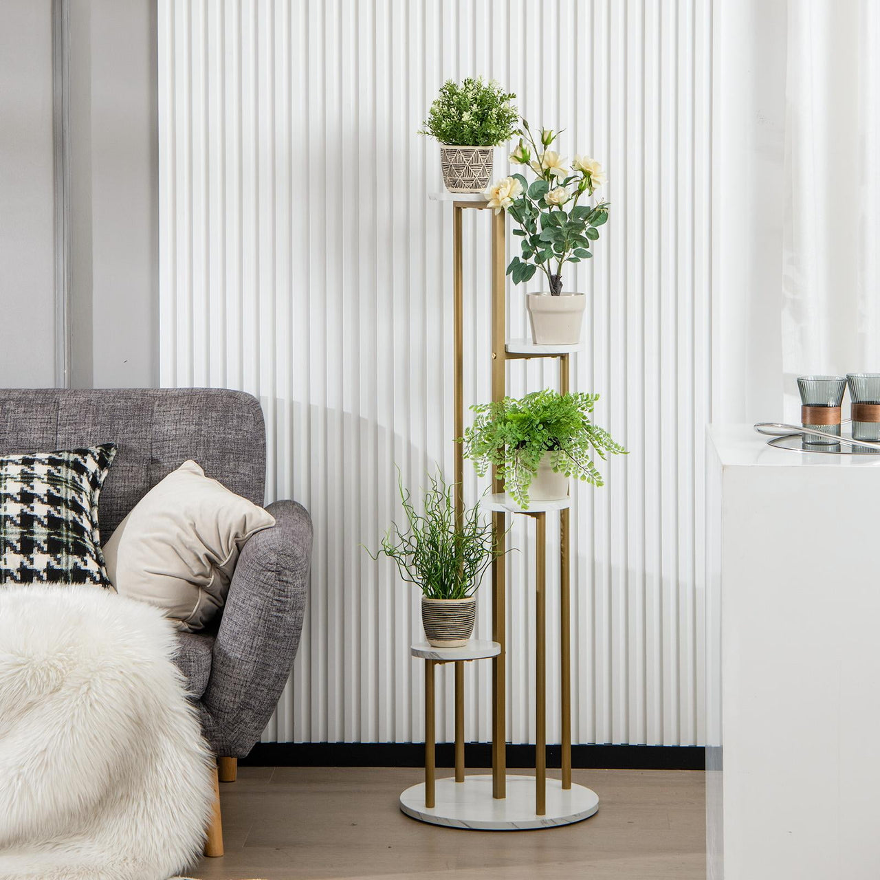 Giantex  4-Tier Metal Plant Stand, Planter Holder  W/ Golden Metal Frame, Faux Marble Finish, Potted Planter Display Rack