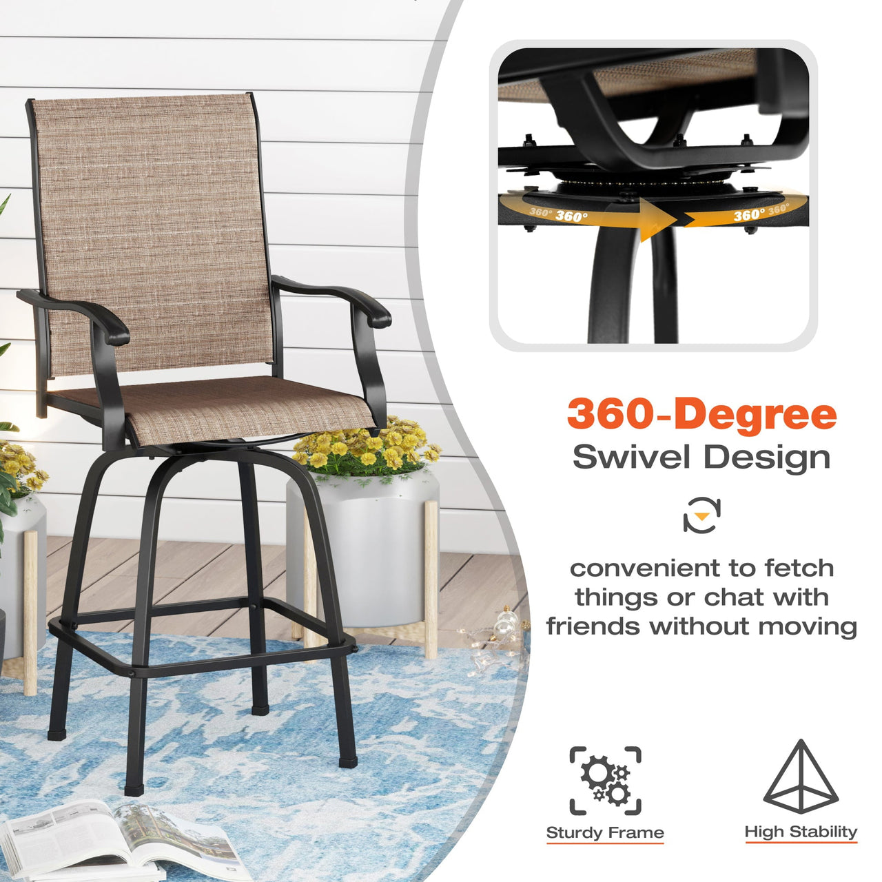 Sophia & William 2 Pcs Outdoor Swivel Metal Bar Stools Patio Counter Height Textilene Chairs for Garden, Backyard in Brown