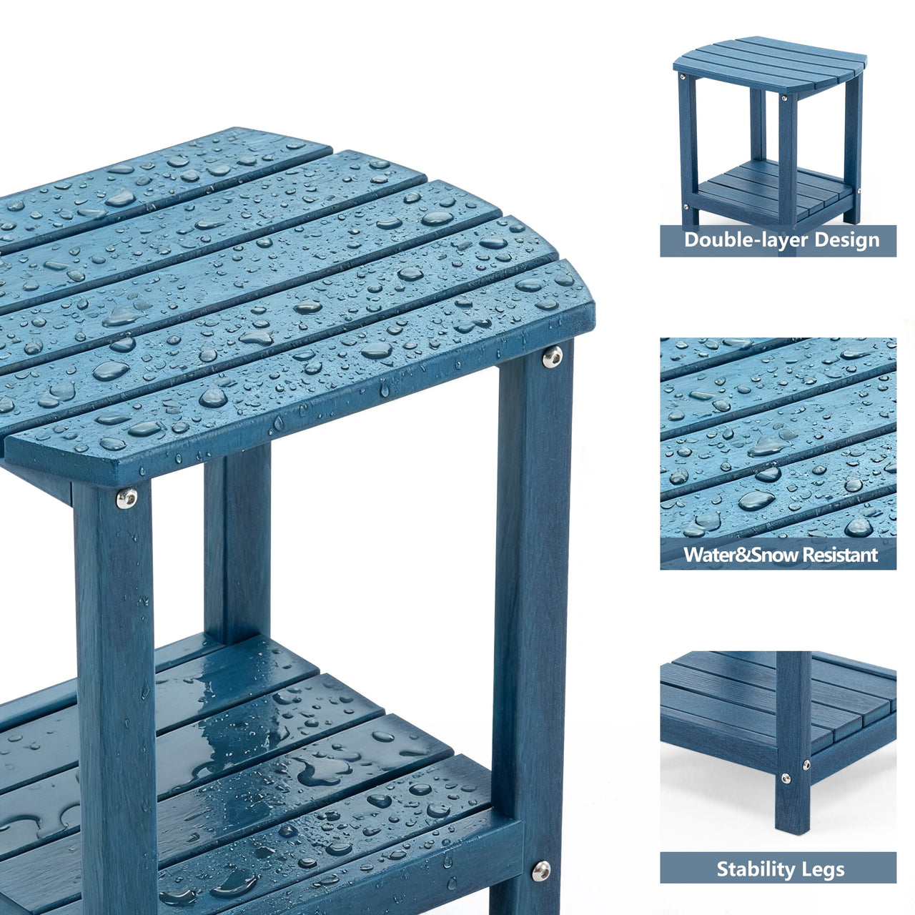 ENYLAY Adirondack Small Outdoor Side Table , Weatherproof HDPE Patio End Table with 2-Tier Storage for Firepit, Balcony, Garden, Poolside or Bathroom (Blue, Set of 1)