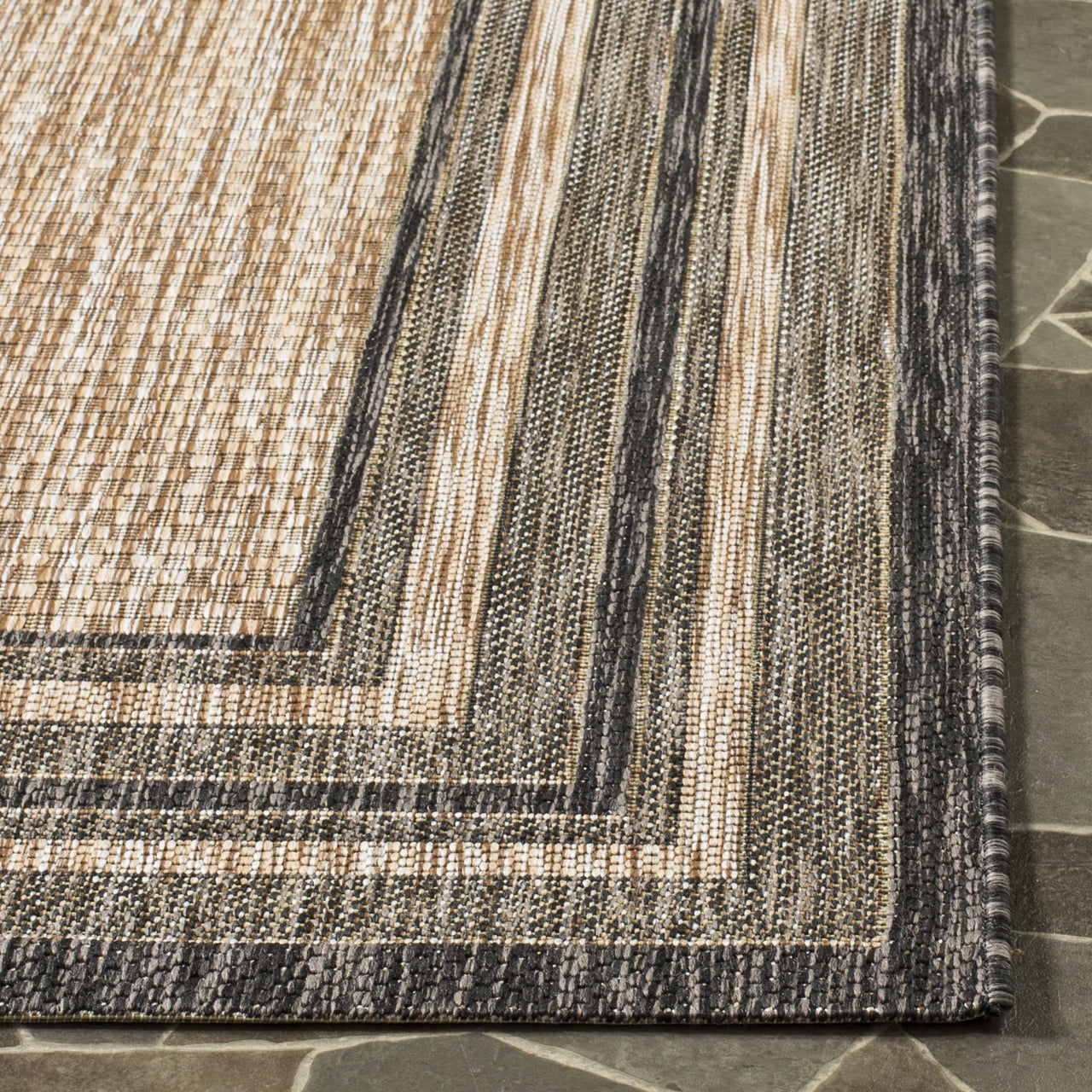 SAFAVIEH Courtyard Ercan Bordered Indoor/Outdoor Area Rug, Natural/Black, 8' x 10'