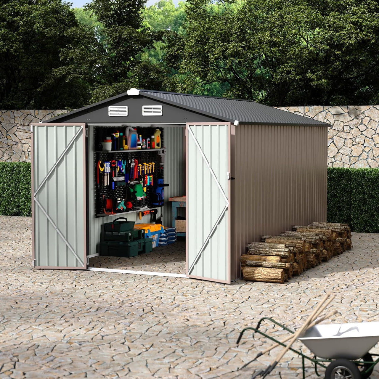 8x12 FT Metal Storage Sheds Outdoor, Metal Yard Sheds Garden Shed Kit, 8x12x6.4 FT Outdoor Storage Sheds, Metals Tool Shed with Lockable Door, Metals UtilityShed Buildings with Air Vent for Backyard G