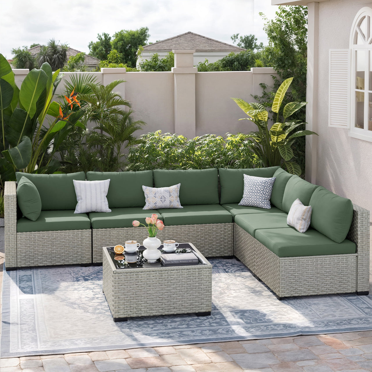 Amopatio 7 Pieces Patio Conversation Set, Outdoor Sectional PE Rattan Wicker Furniture Seat,GREEN