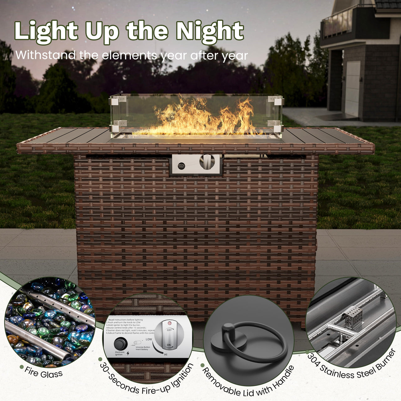 POTEBAN Patio Furniture Set with 44" Fire Pit Table, 7 Pieces Outdoor Sectional Couch, Black Wicker Rattan Conversation Sofa with Swivel Chair for Garden Backyard Deck, Dark Grey