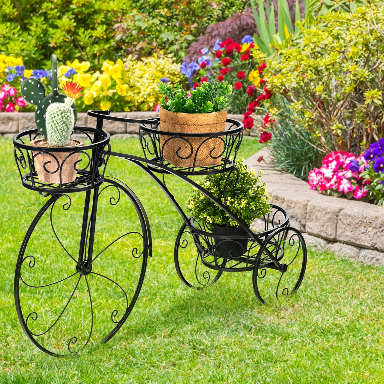 Topbuy Tricycle Metal Plant Stand Flower Pot Cart Holder Ideal for Home Garden Patio