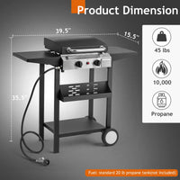 Ktaxon 2 Burner Propane Griddle Flat Top Gas Grill 20000 BTU with Lid,Ceramic Coated Cast Iron Pan,Side Shelves,Spice Rack,Wheels