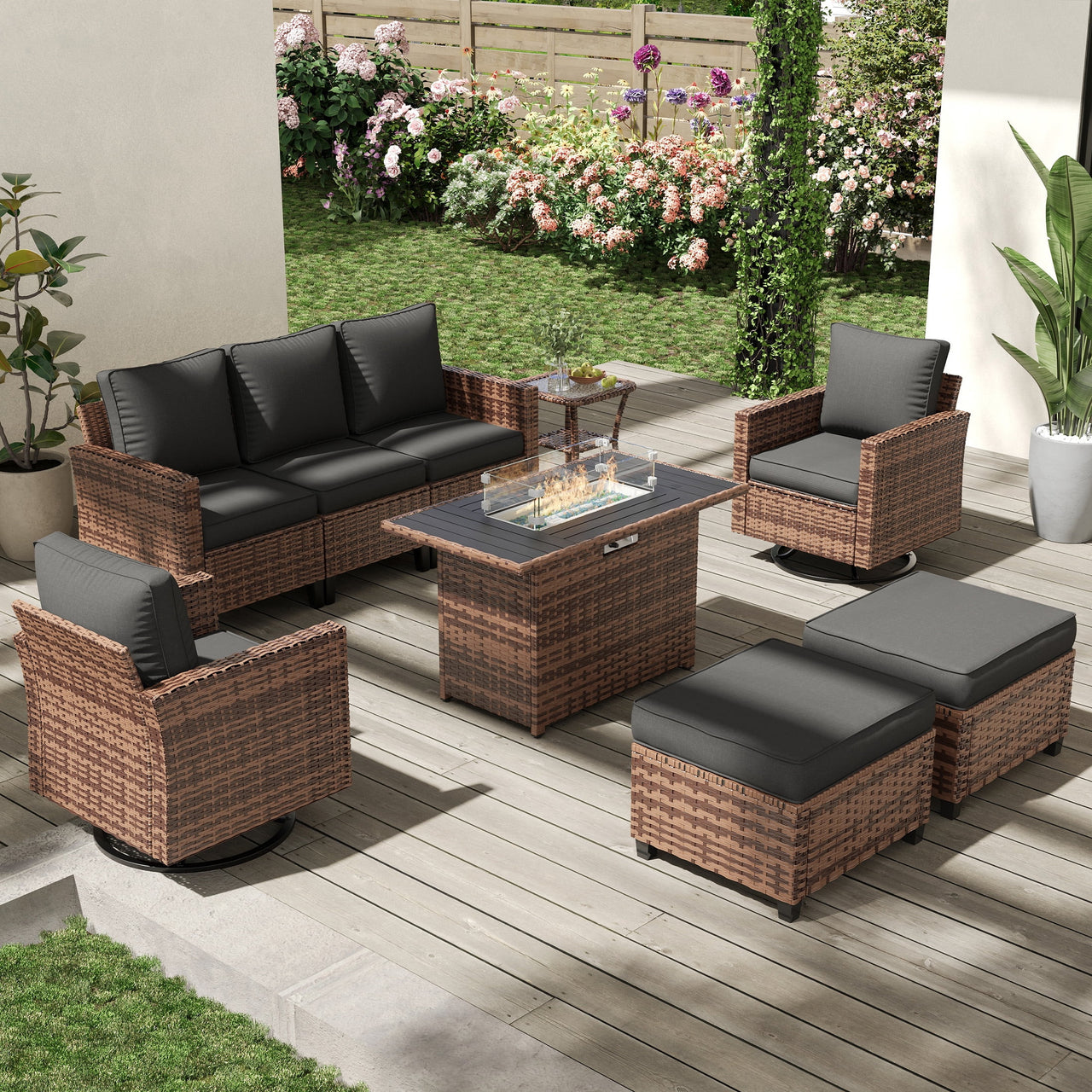 POTEBAN Patio Furniture Set with 44" Fire Pit Table, 7 Pieces Outdoor Sectional Couch, Black Wicker Rattan Conversation Sofa with Swivel Chair for Garden Backyard Deck, Dark Grey