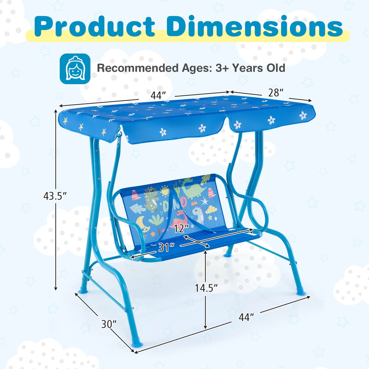 Costway 2-Seater Toddler Porch Swing Chair with Metal Stand Adjustable Canopy Safety Belts Blue