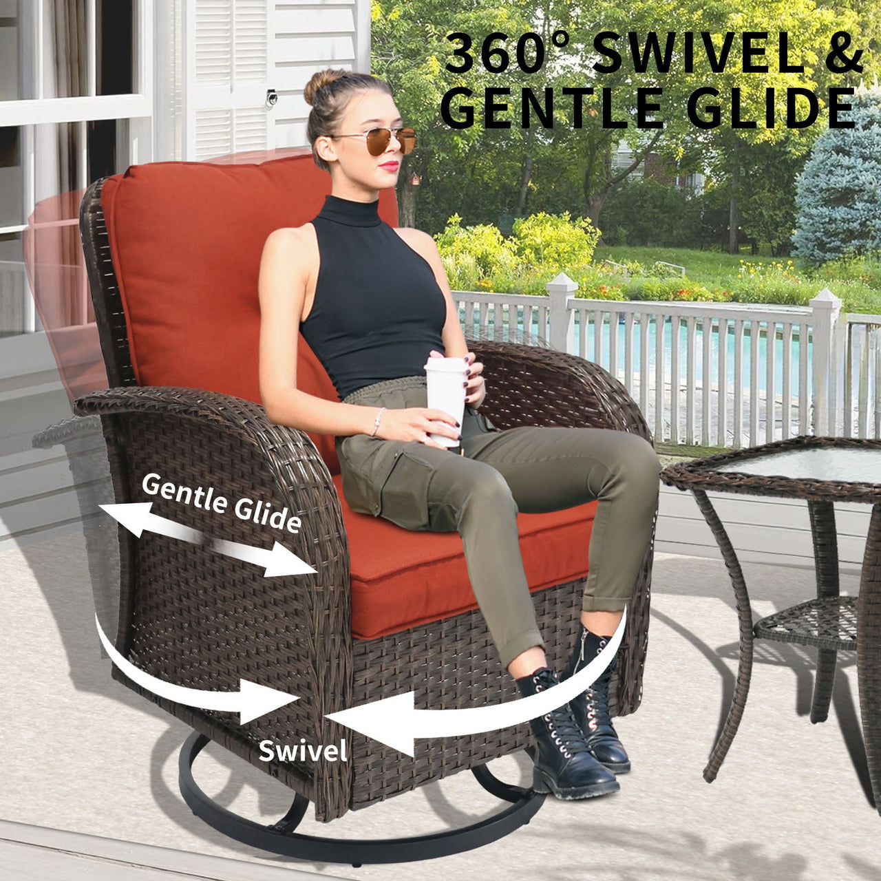 3 Piece Outdoor Swivel Rocker Chairs, Swivel Glider Patio Chairs, Heavy Duty Patio Chairs 400 lbs with Side Table, Red