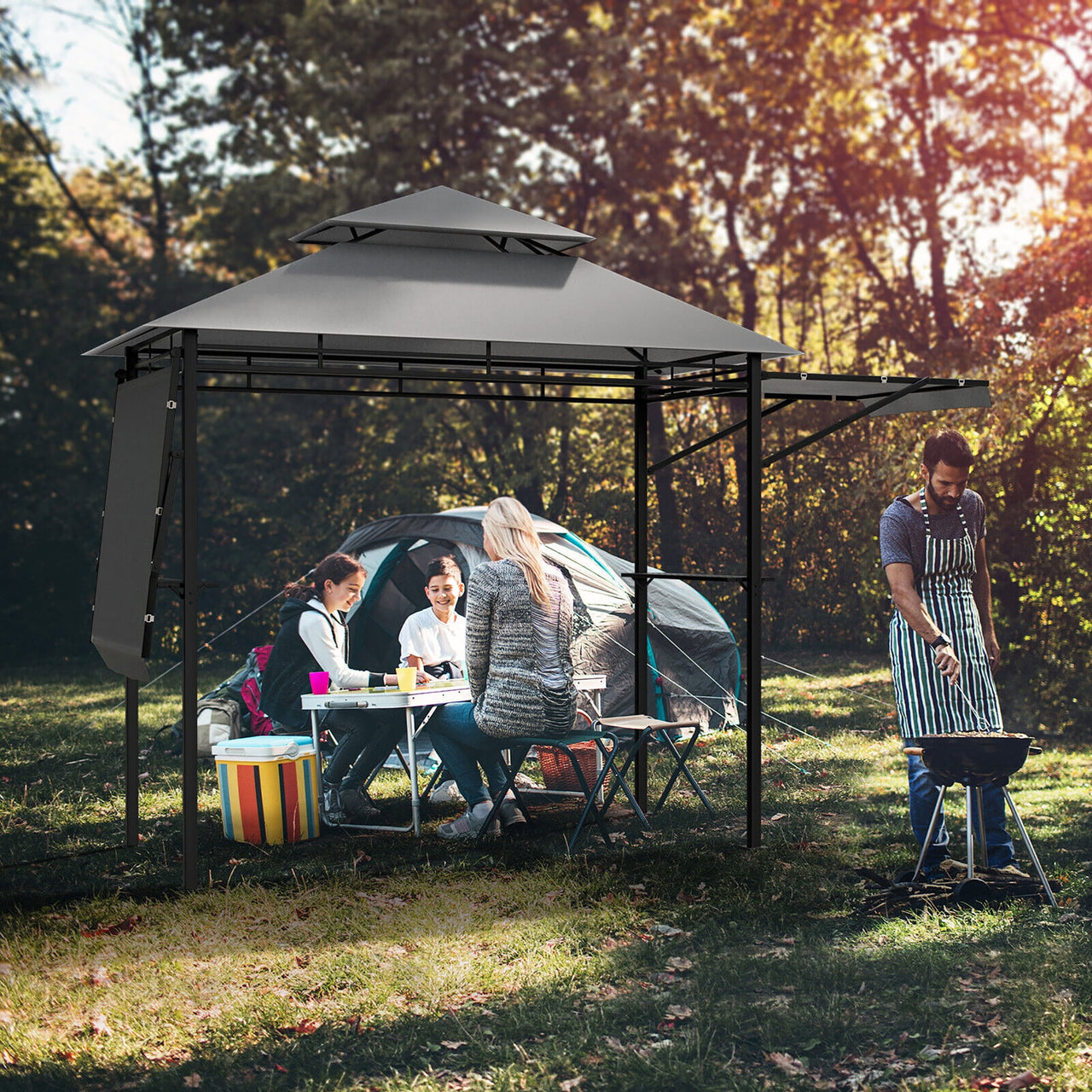 Gymax 13.5' x 4' Patio BBQ Grill Gazebo Side Awnings Shelves 2-Tier Canopy Outdoor
