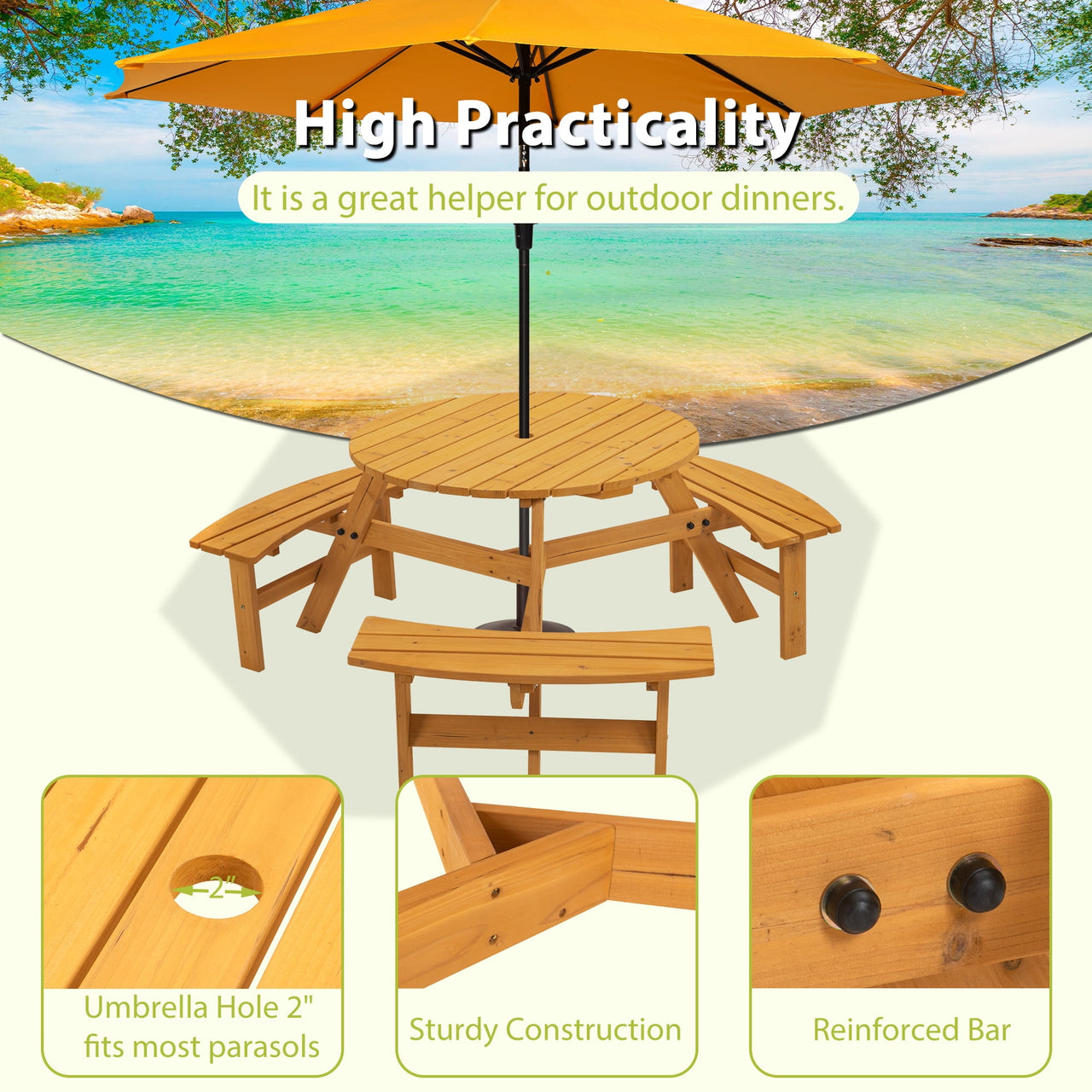 JXXRZ 6-Person Circular Outdoor Wooden Picnic Table w/ 3 Built-In Benches, 500lbs Capacity Per Bench- Natural