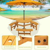 JXXRZ 6-Person Circular Outdoor Wooden Picnic Table w/ 3 Built-In Benches, 500lbs Capacity Per Bench- Natural