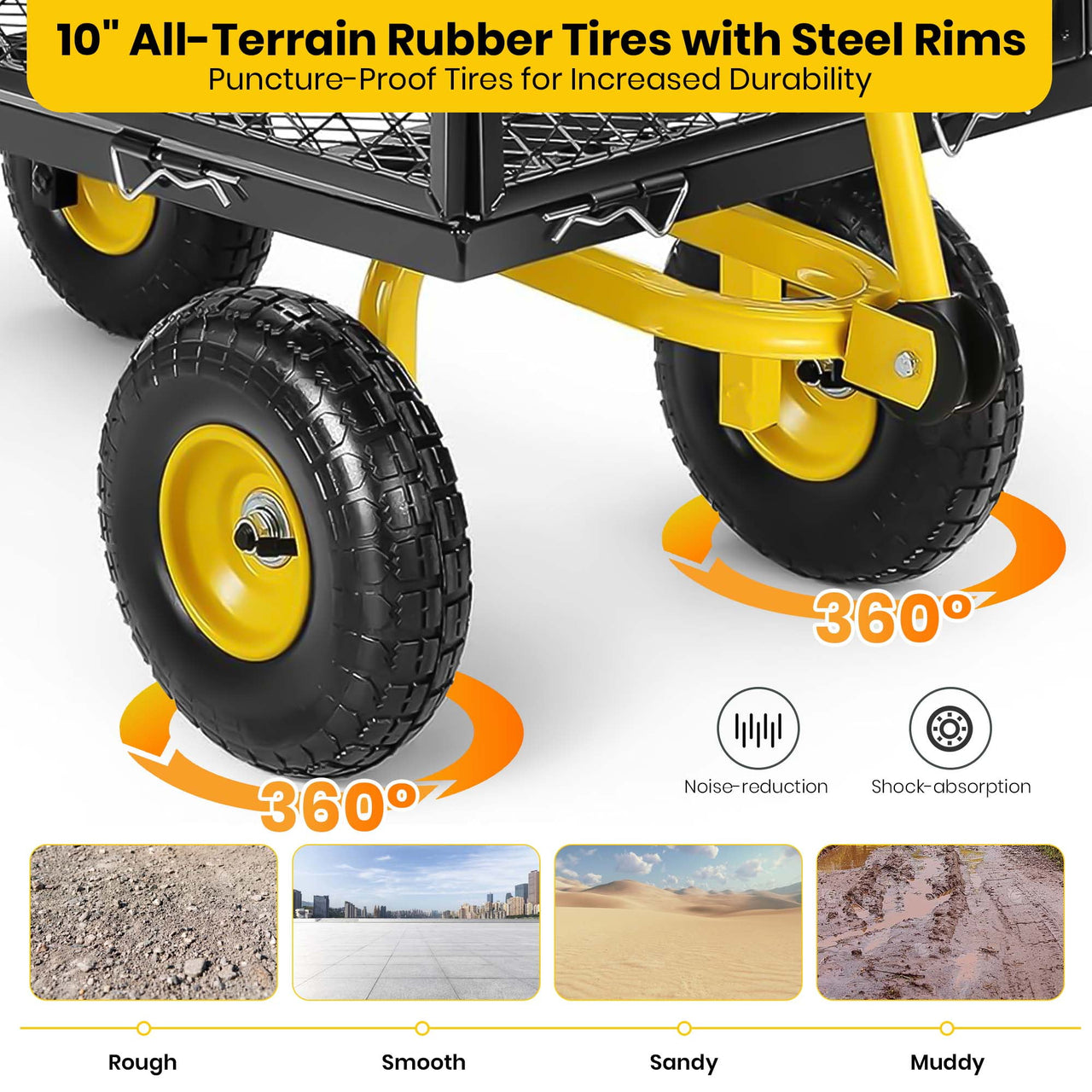 GVDV Heavy Duty Steel Garden Cart with Liner, 660lbs Capacity, 3 Cu ft, 10" All-Terrain Wheels, Black/Yellow – Durable Utility Cart for Yard Work, Hauling, and Outdoor Use