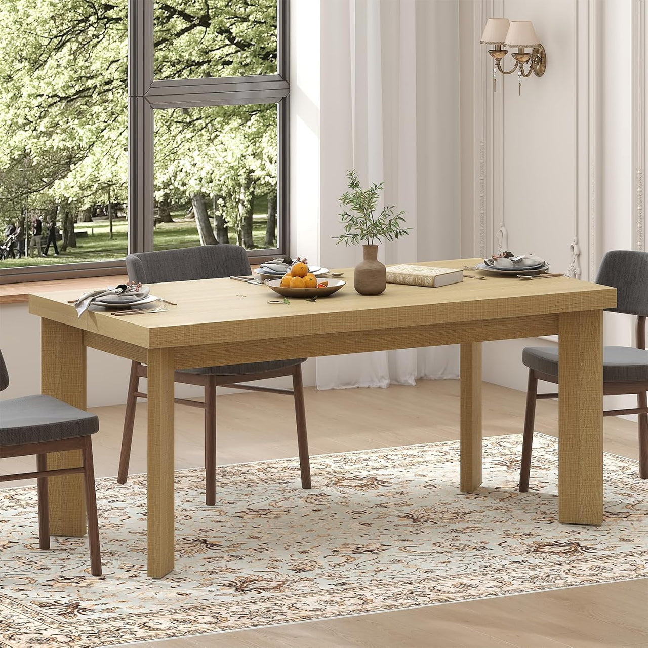 HAUXITIO 63 Inch Dining Table for 6 People, All-Weather Rectangular Table with Solid Wood Legs for Indoor & Outdoor Use,Natural