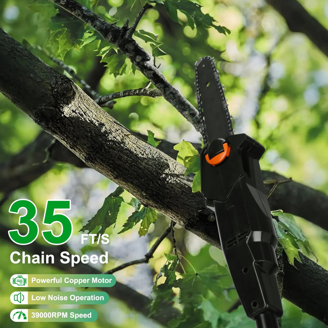 Cordless Pole Saw 6 Inch Electric Pole Chainsaw with 2Pcs 1.5Ah Batteries 35FT/S Speed 7.4ft Maximum Extendable Length for Tree Trimming