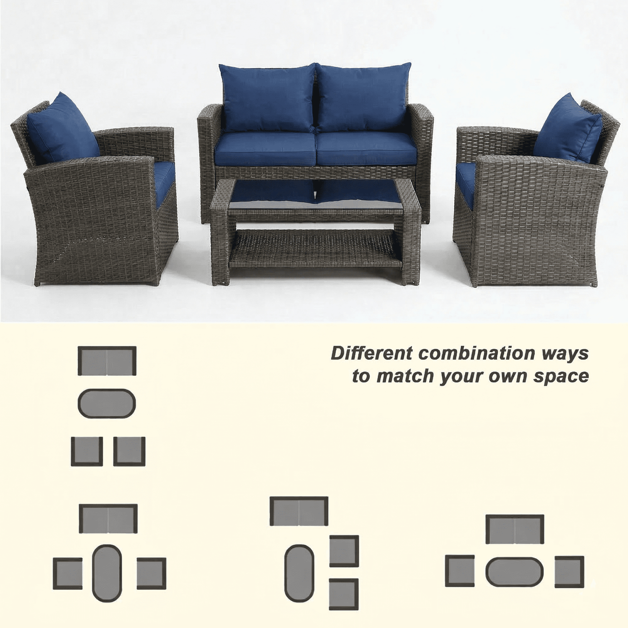 HOYOA Wicker Patio Furniture Set, 4 Piece Outdoor Sectional Conversation Sets, Grey PE Rattan Patio Sofa Set for Balcony, Porch, Backyard, Blue