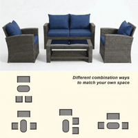 HOYOA Wicker Patio Furniture Set, 4 Piece Outdoor Sectional Conversation Sets, Grey PE Rattan Patio Sofa Set for Balcony, Porch, Backyard, Blue